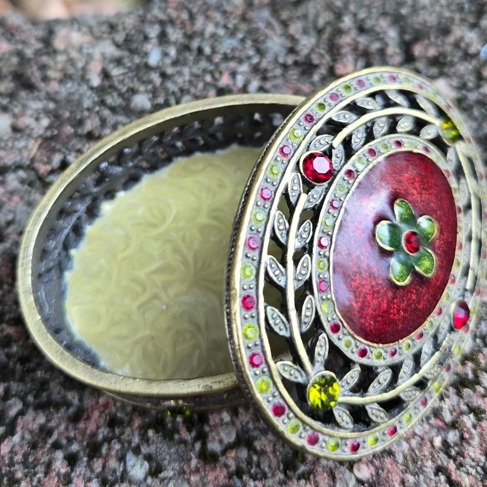 Vintage Oval Trinket Jewelry Box Red Enamel Gold Tone Rhinestone Accents Display